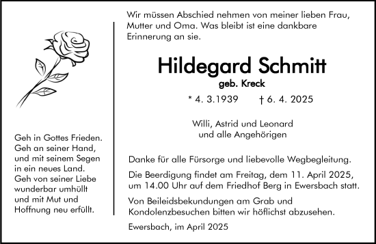 Traueranzeige von Hildegard Schmitt von Dill Block