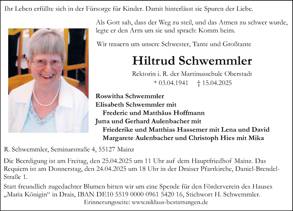  Traueranzeige für Hiltrud Schwemmler vom 19.04.2025 aus Allgemeine Zeitung Mainz