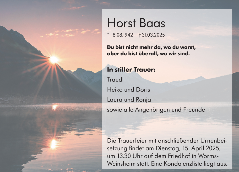  Traueranzeige für Horst Baas vom 12.04.2025 aus Wormser Zeitung