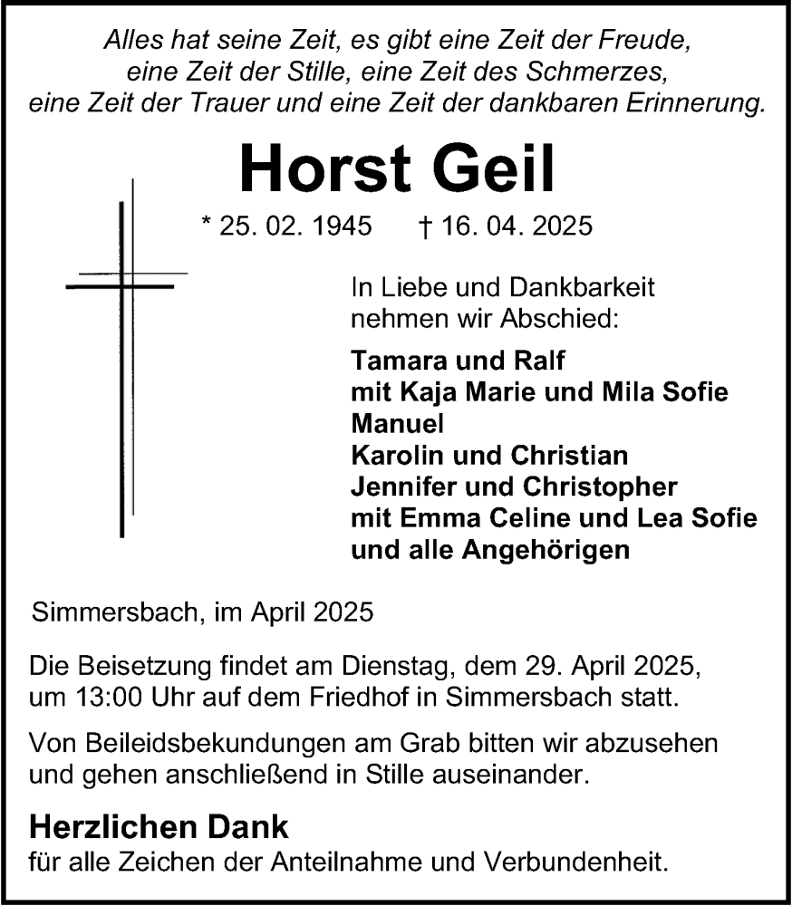  Traueranzeige für Horst Geil vom 25.04.2025 aus Dill Block