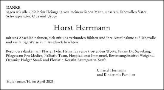 Traueranzeige von Horst Herrmann von Hinterländer Anzeiger
