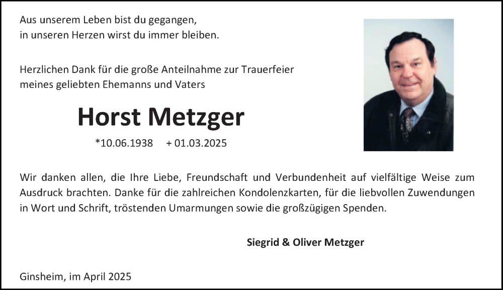  Traueranzeige für Horst Metzger vom 05.04.2025 aus Allgemeine Zeitung Mainz