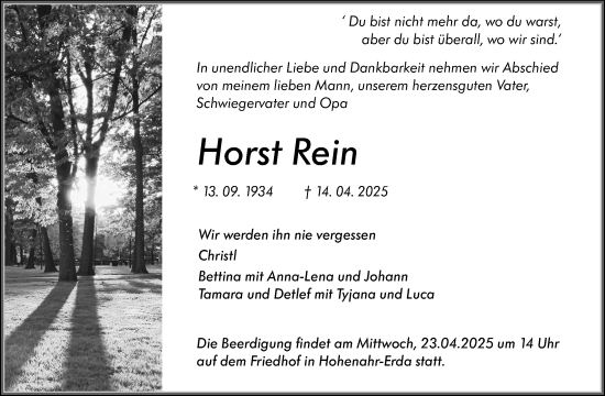 Traueranzeige von Horst Rein von Wetzlarer Neue Zeitung