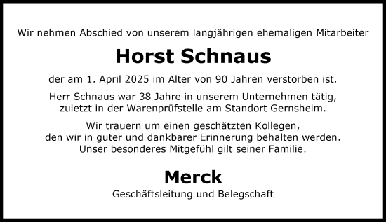Traueranzeige von Horst Schnaus von Groß-Gerauer Echo