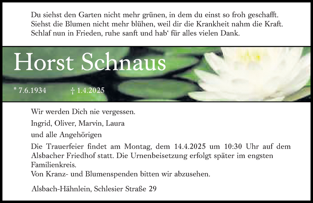  Traueranzeige für Horst Schnaus vom 05.04.2025 aus Darmstädter Echo