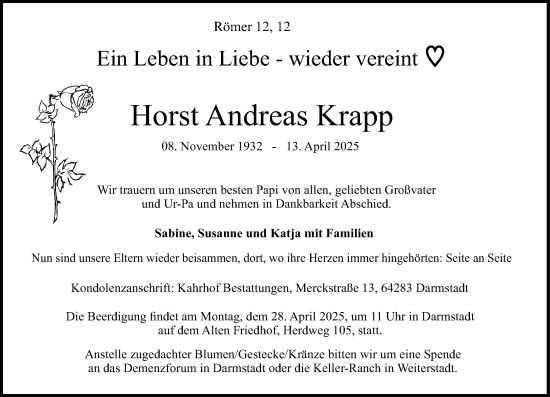 Traueranzeige von Horst Andreas Krapp von Darmstädter Echo