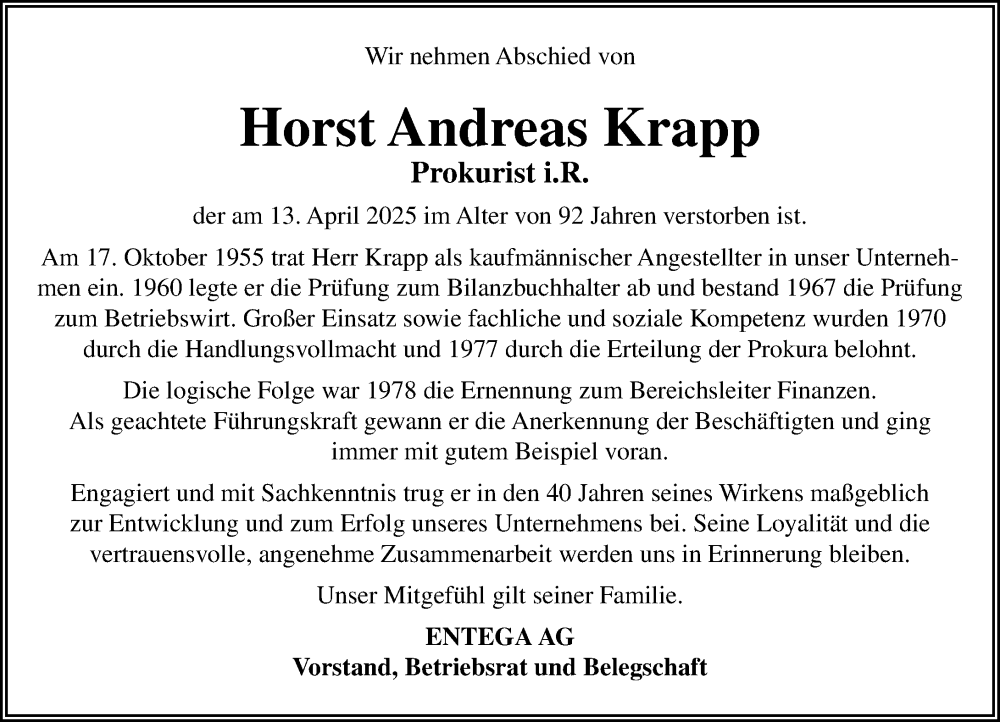  Traueranzeige für Horst Andreas Krapp vom 19.04.2025 aus Odenwälder Echo