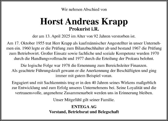 Traueranzeige von Horst Andreas Krapp von Odenwälder Echo