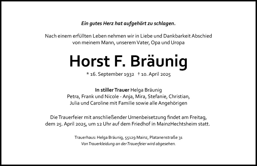  Traueranzeige für Horst F. Bräunig vom 19.04.2025 aus Allgemeine Zeitung Mainz