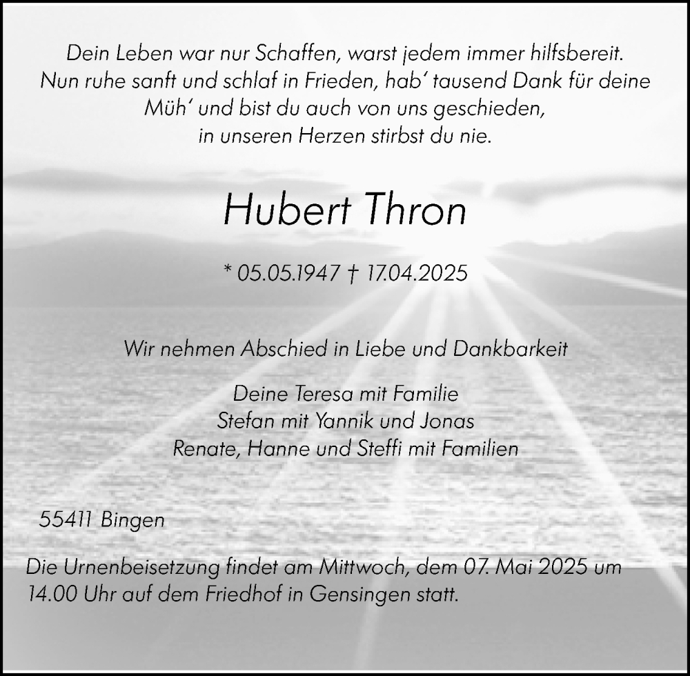  Traueranzeige für Hubert Thron vom 26.04.2025 aus Binger-/Ingelheimer Wochenblatt