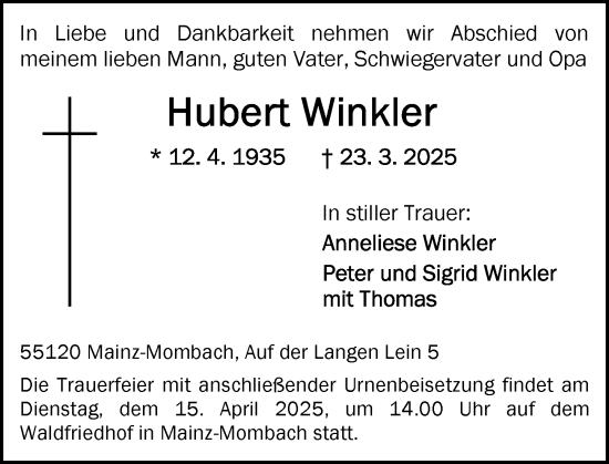 Traueranzeige von Hubert Winkler von Allgemeine Zeitung Mainz