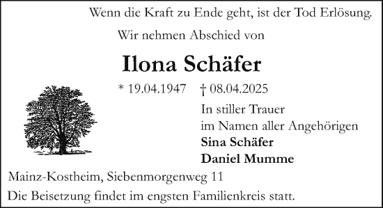 Traueranzeige von Ilona Schäfer von Allgemeine Zeitung Mainz