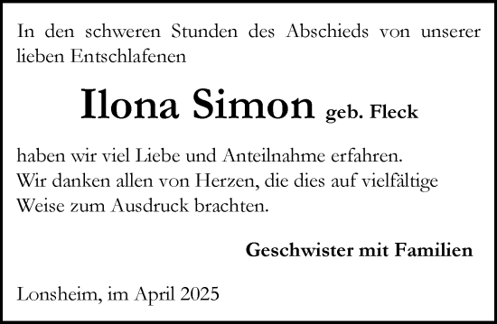 Traueranzeige von Ilona Simon von Allgemeine Zeitung Alzey