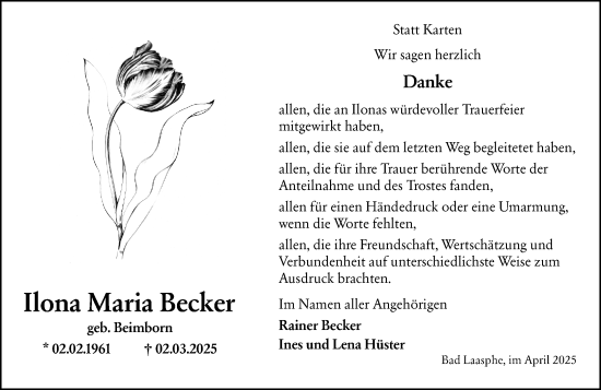 Traueranzeige von Ilona Maria Becker von Hinterländer Anzeiger