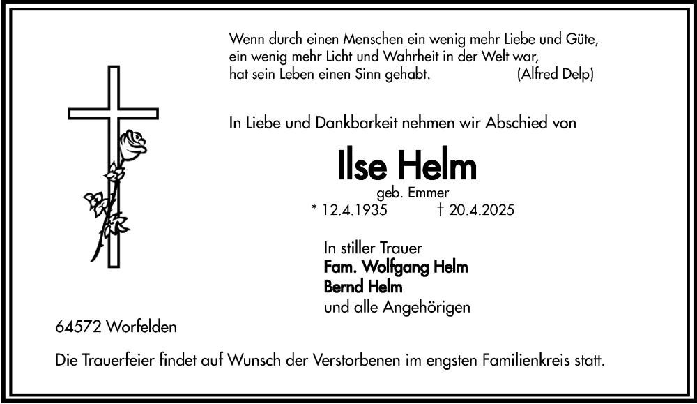  Traueranzeige für Ilse Helm vom 26.04.2025 aus Groß-Gerauer Echo