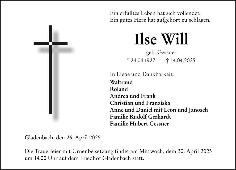  Traueranzeige für Ilse Will vom 26.04.2025 aus Hinterländer Anzeiger