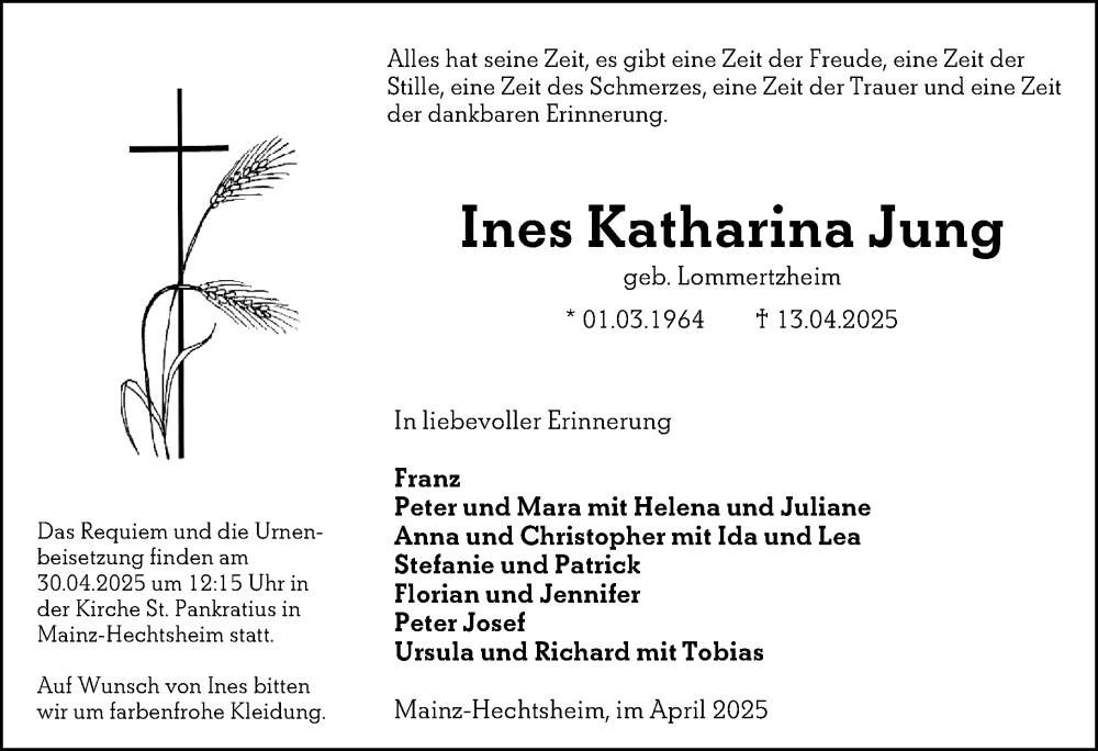  Traueranzeige für Ines Katharina Jung vom 26.04.2025 aus Allgemeine Zeitung Mainz