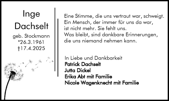 Traueranzeige von Inge Dachselt von Darmstädter Echo