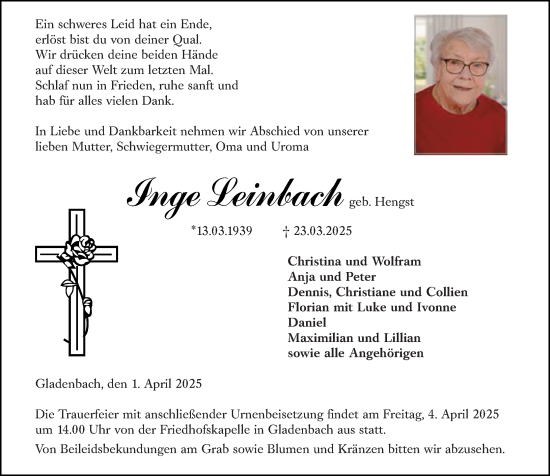 Traueranzeige von Inge Leinbach von Hinterländer Anzeiger