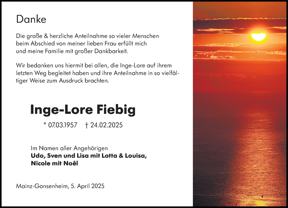  Traueranzeige für Inge-Lore Fiebig vom 05.04.2025 aus Allgemeine Zeitung Mainz