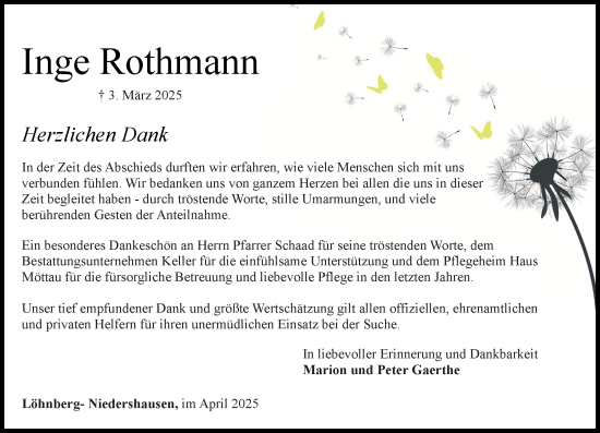 Traueranzeige von Inge Rothmann von Weilburger Tageblatt