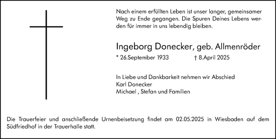 Traueranzeige von Ingeborg Donecker von Wiesbadener Kurier