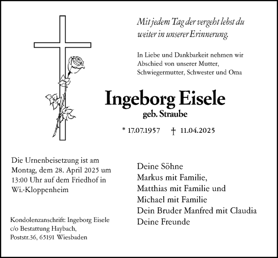 Traueranzeige von Ingeborg Eisele von Wiesbadener Kurier