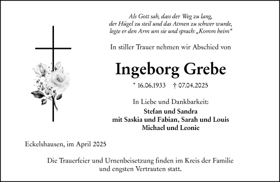 Traueranzeige von Ingeborg Grebe von Hinterländer Anzeiger