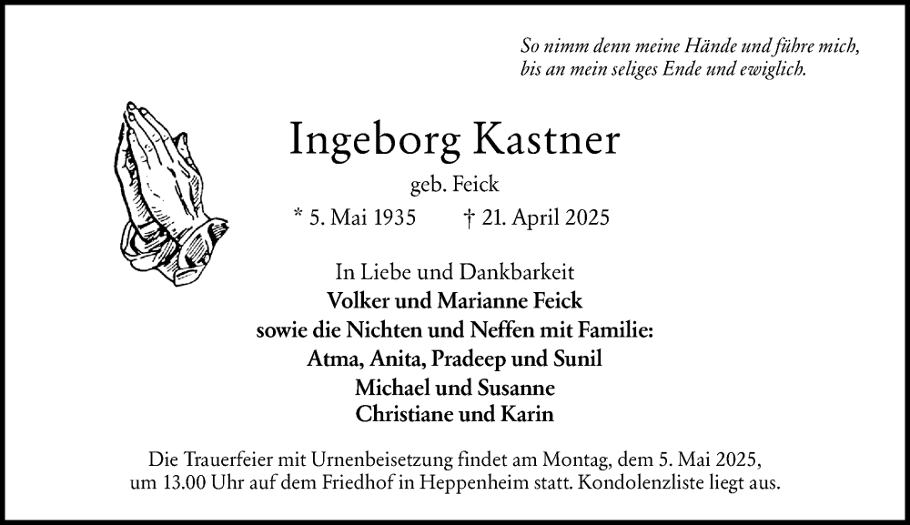  Traueranzeige für Ingeborg Kastner vom 30.04.2025 aus Starkenburger Echo
