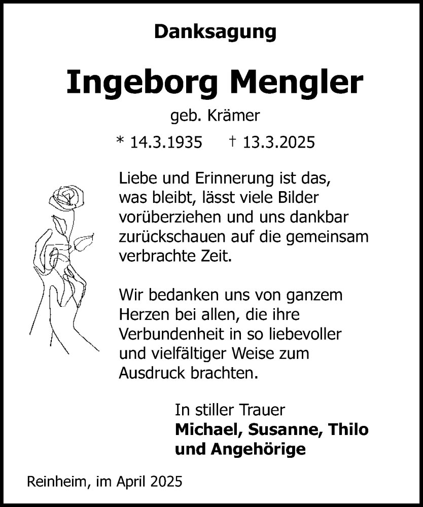  Traueranzeige für Ingeborg Mengler vom 19.04.2025 aus Darmstädter Echo