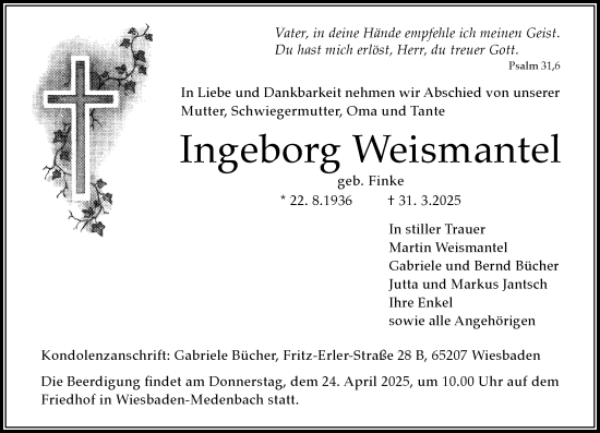 Traueranzeige von Ingeborg Weismantel von Wiesbadener Kurier
