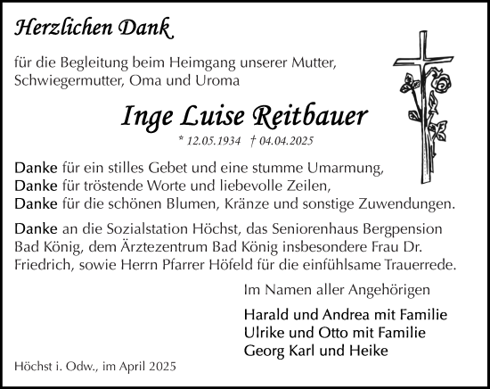 Traueranzeige von Inge Luise Reitbauer von Odenwälder Echo