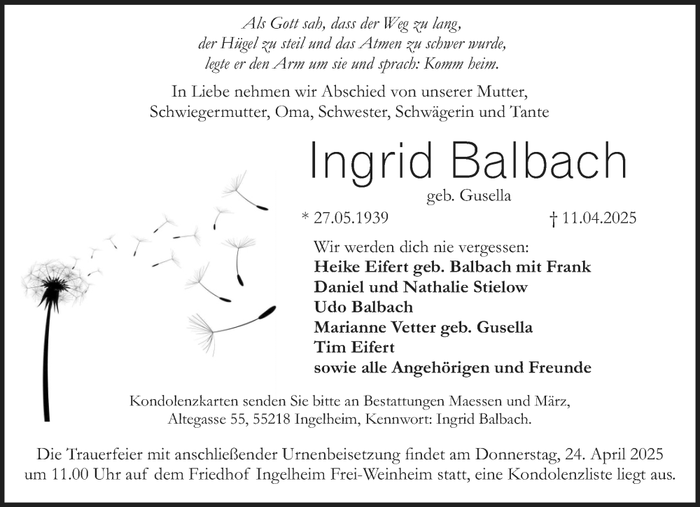  Traueranzeige für Ingrid Balbach vom 19.04.2025 aus Allgemeine Zeitung Rheinhessen-Nahe