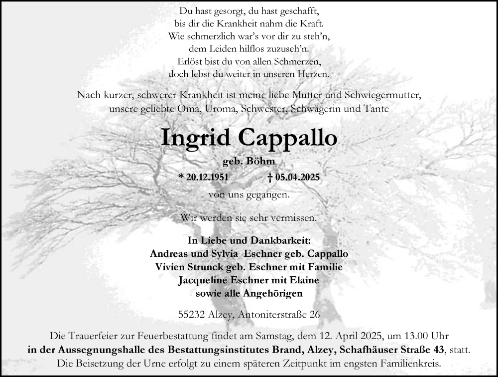  Traueranzeige für Ingrid Cappallo vom 09.04.2025 aus Allgemeine Zeitung Alzey