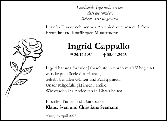 Traueranzeige von Ingrid Cappallo von Allgemeine Zeitung Alzey