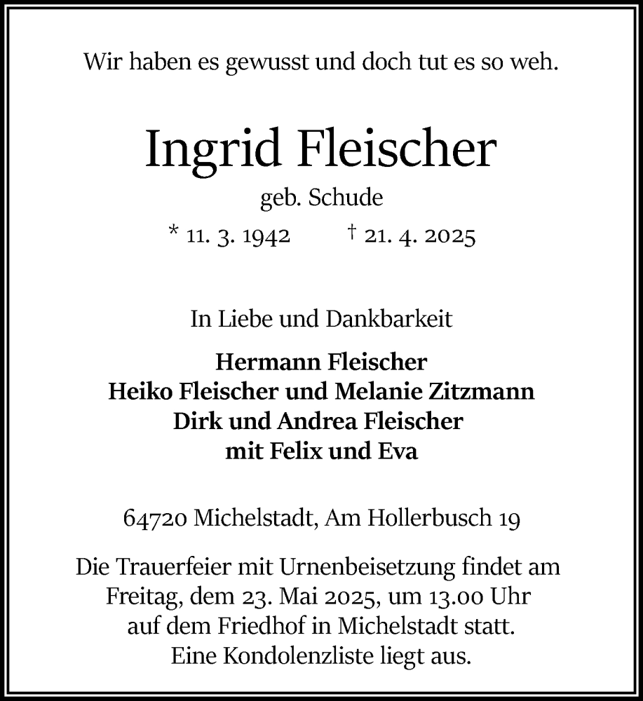  Traueranzeige für Ingrid Fleischer vom 26.04.2025 aus Odenwälder Echo