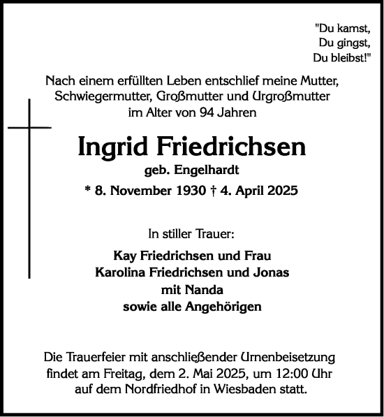 Traueranzeige von Ingrid Friedrichsen von Wiesbadener Kurier