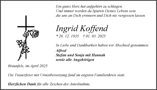 Traueranzeige von Ingrid Koffend von Wetzlarer Neue Zeitung
