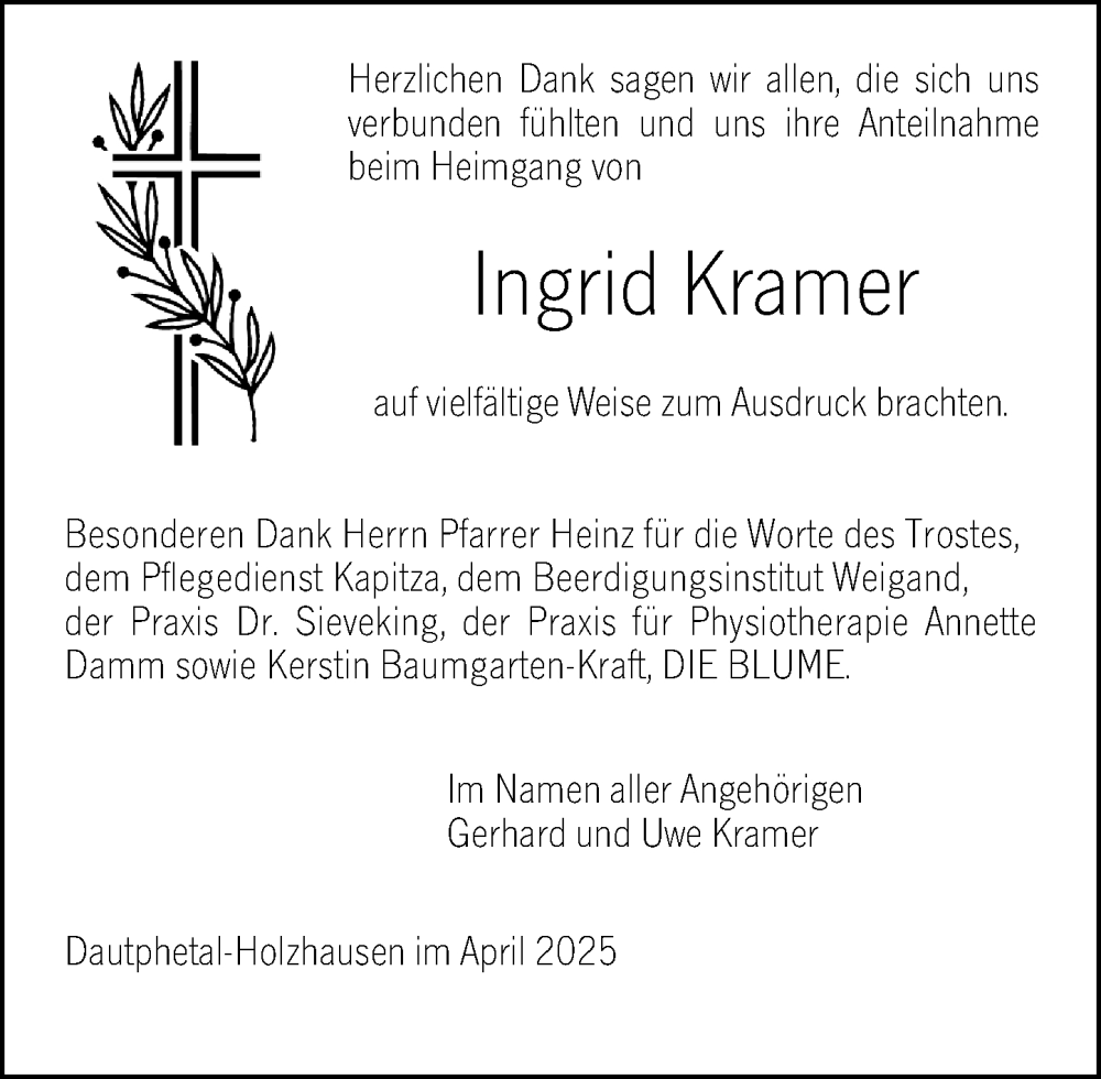  Traueranzeige für Ingrid Kramer vom 25.04.2025 aus Hinterländer Anzeiger