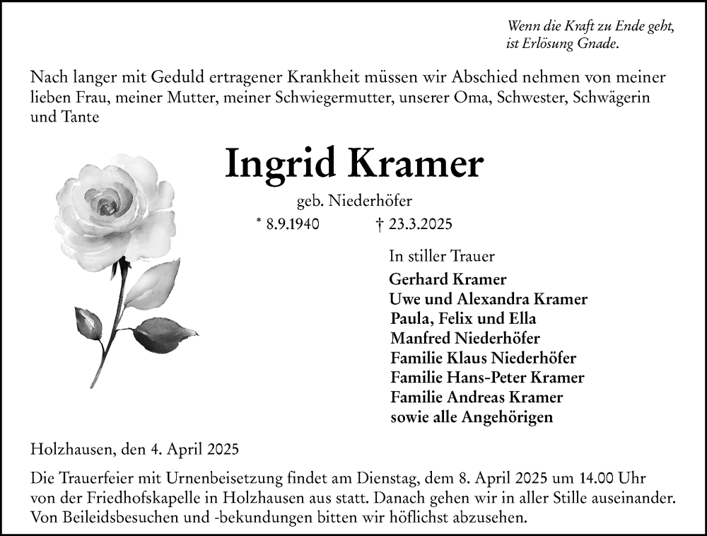  Traueranzeige für Ingrid Kramer vom 04.04.2025 aus Hinterländer Anzeiger