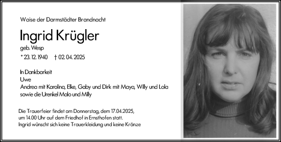 Traueranzeige von Ingrid Krügler von Darmstädter Echo