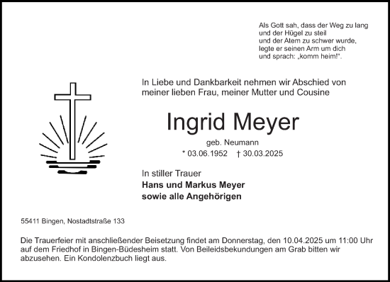 Traueranzeige von Ingrid Meyer von Allgemeine Zeitung Rheinhessen-Nahe