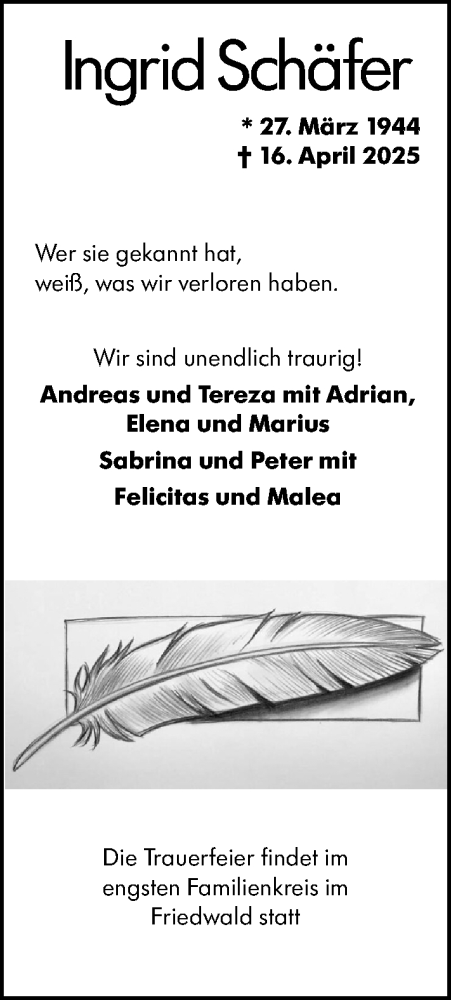 Traueranzeige von Ingrid Schäfer von Odenwälder Echo