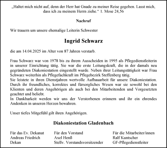 Traueranzeige von Ingrid Schwarz von Hinterländer Anzeiger