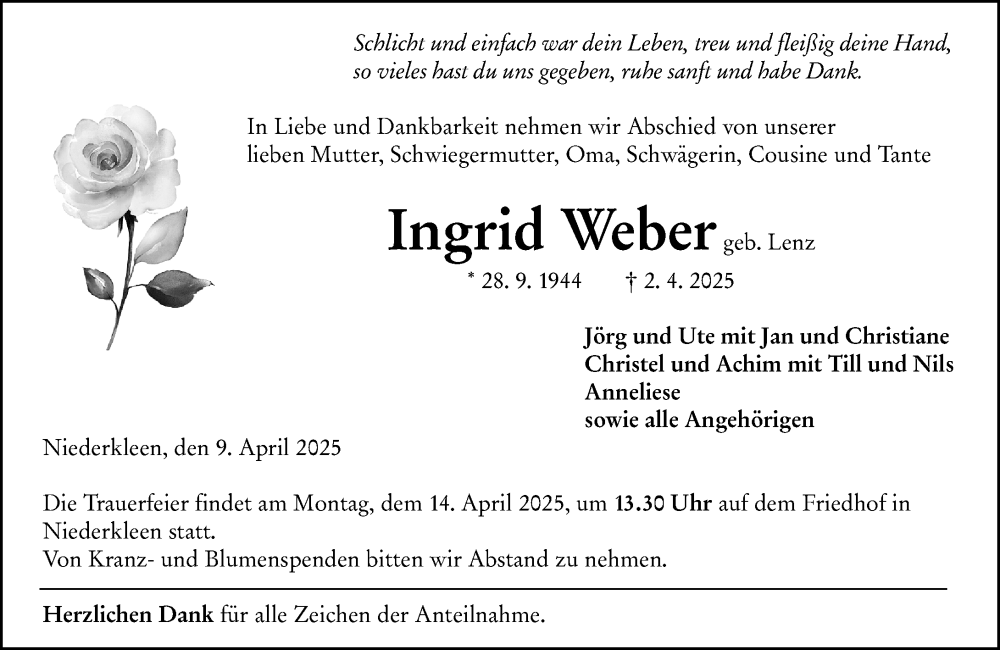  Traueranzeige für Ingrid Weber vom 09.04.2025 aus Wetzlarer Neue Zeitung