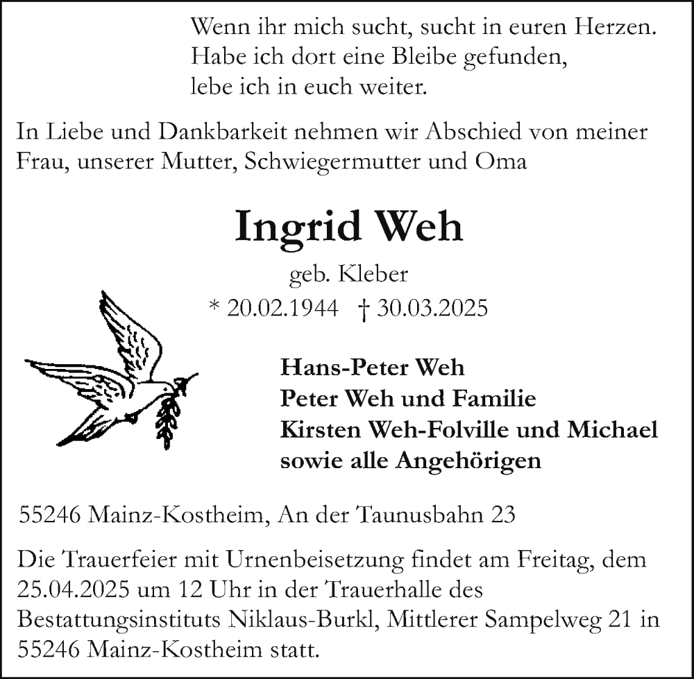  Traueranzeige für Ingrid Weh vom 19.04.2025 aus Allgemeine Zeitung Mainz