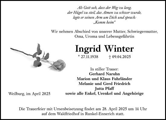 Traueranzeige von Ingrid Winter von Weilburger Tageblatt