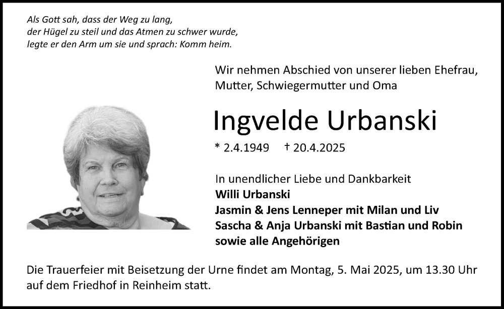  Traueranzeige für Ingvelde Urbanski vom 26.04.2025 aus Darmstädter Echo