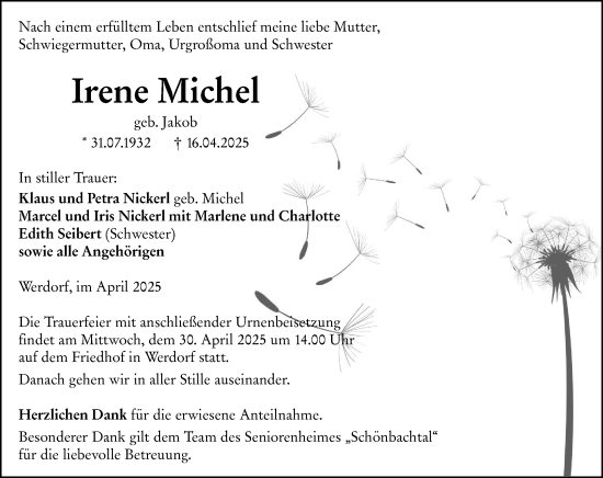 Traueranzeige von Irene Michel von Wetzlarer Neue Zeitung