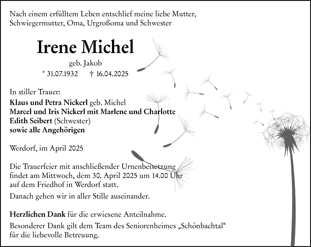  Traueranzeige für Irene Michel vom 28.04.2025 aus Wetzlarer Neue Zeitung